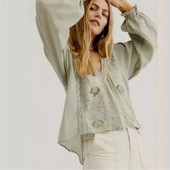 Free People Sivan Embroidered Top Green Puff Sleeve Blouse with Ruffled Small - Picture 2 of 16